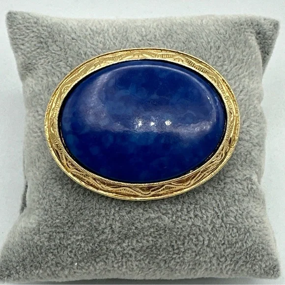 Vintage Blue Emitation Marble and Clasical gold Tone Brooch #766 - Picture 3 of 6
